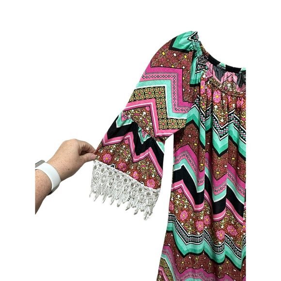 Win Win Top Womens Large Extra Large Sleeve Tunic‎ Pink Green Black White Lace - Picture 8 of 9